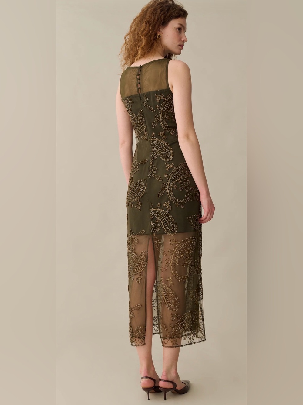 Few Moda sorella NWT Ora Olive Green Embellished Beaded Sheer Mesh Dress - Picture 2 of 6